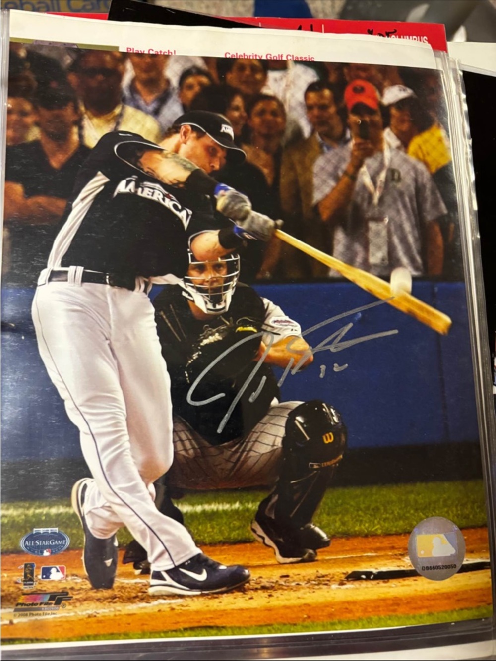 Josh Hamilton Signed Baseball Photo - Batter Swinging with Catcher